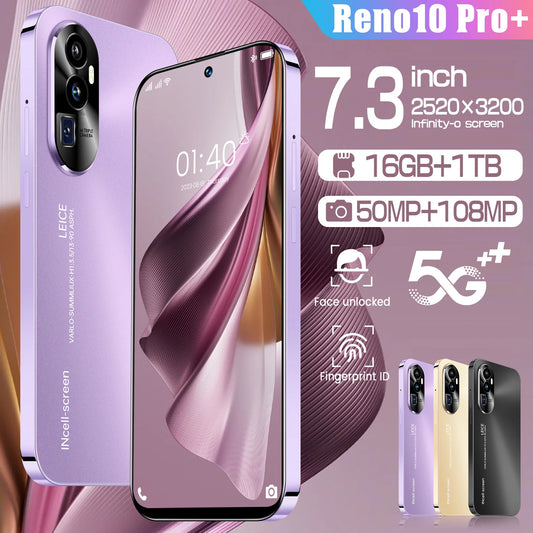 2025 HOT Reno 10 Pro Smartphone 7.3 inch Full Screen 5G Cell Phone 16TB+1TB 7800mAh Mobile Phones 108MP Global Version Celulares