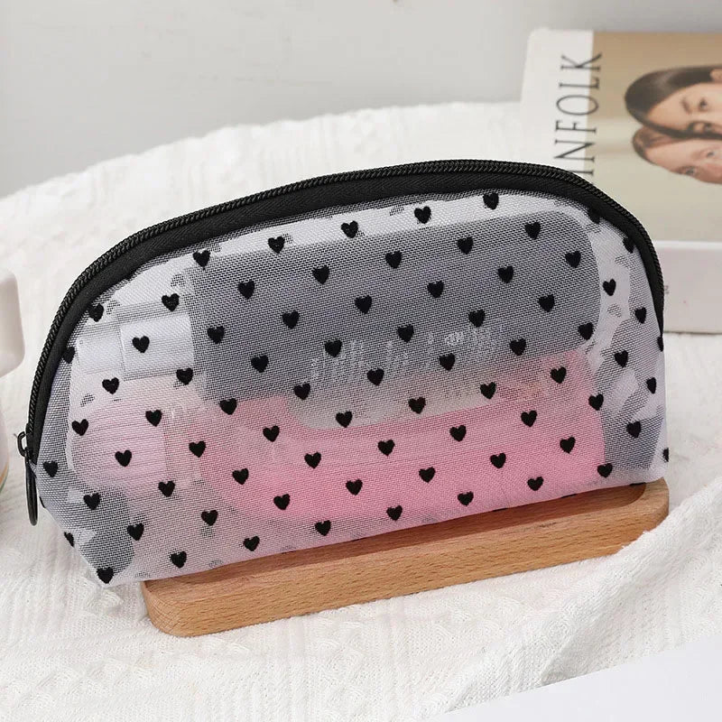 1PC Women Tavel Cosmetic Storage Pouch Heart Transparent Mesh Wash Makeup Bag Ladies Toiletry Bath Lipstick Brush Organizer Bags