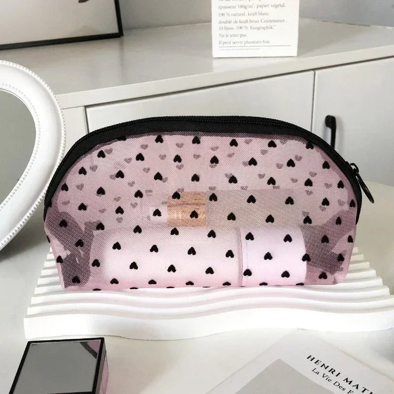 1PC Women Tavel Cosmetic Storage Pouch Heart Transparent Mesh Wash Makeup Bag Ladies Toiletry Bath Lipstick Brush Organizer Bags