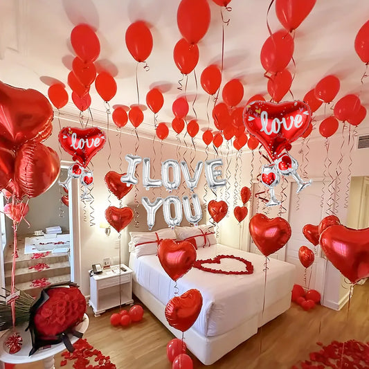 224pcs I love you balloons, heart shaped balloons and rose petals, suitable for Valentine's Day, engagement, romantic decoration