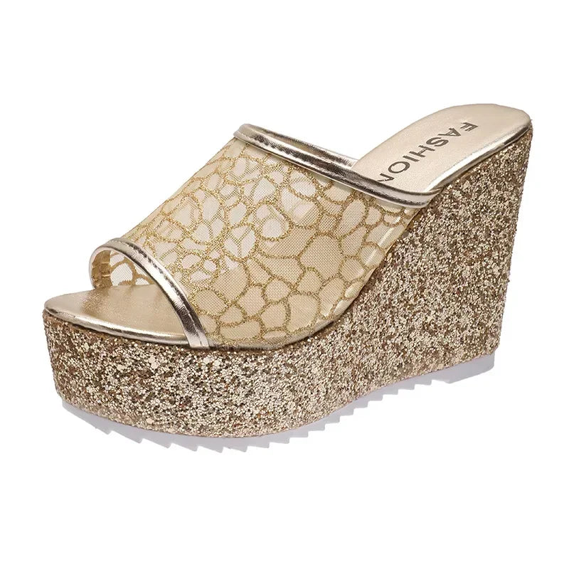 2023 Bling Golden Women Slippers Summer Shoes Platform(4cm) Outside Fitting-room 11cm High Heels Wedges Solid Mesh Female Slides