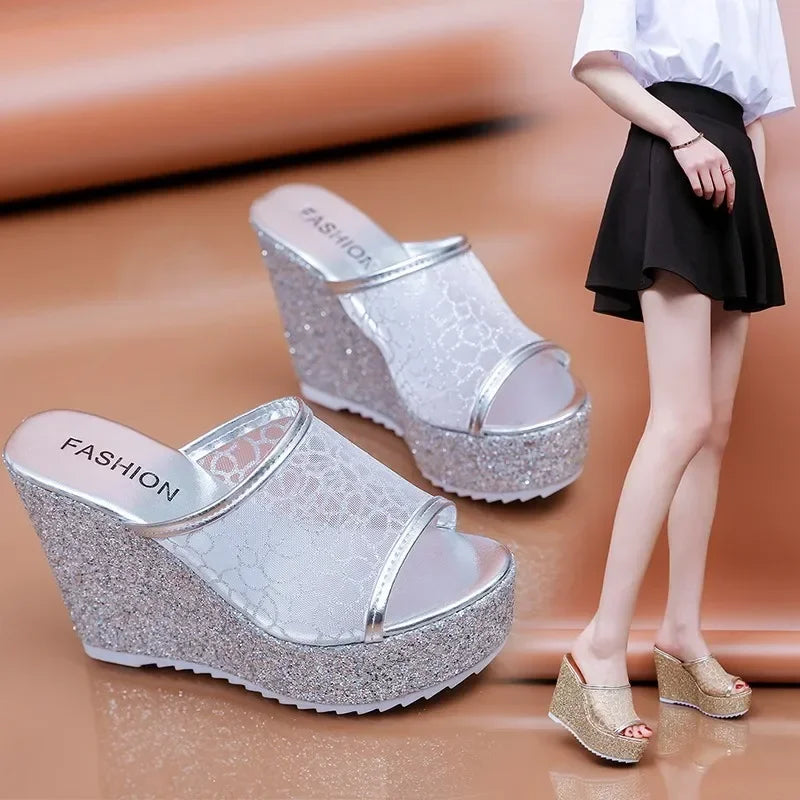 2023 Bling Golden Women Slippers Summer Shoes Platform(4cm) Outside Fitting-room 11cm High Heels Wedges Solid Mesh Female Slides