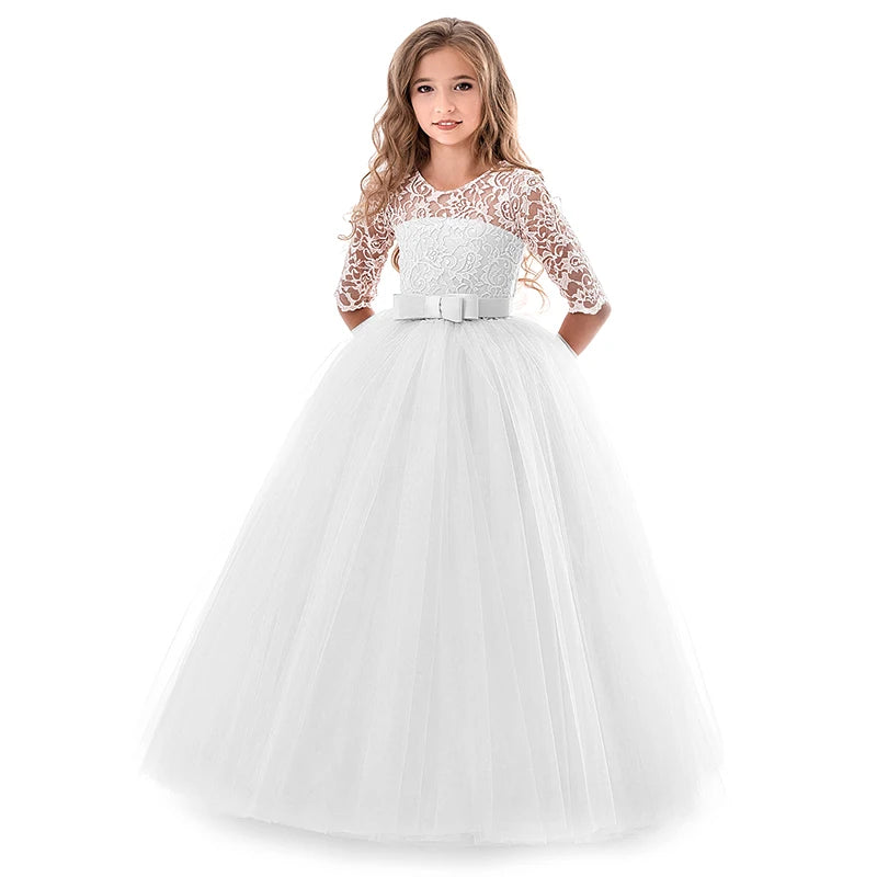 2023 Kids Ceremony Princess Party Dress For Girls Lace Formal Prom Gown Girl Wedding Bridesmaid Dresses Children Christmas Dress