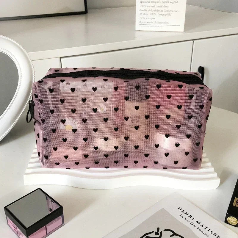 1PC Women Tavel Cosmetic Storage Pouch Heart Transparent Mesh Wash Makeup Bag Ladies Toiletry Bath Lipstick Brush Organizer Bags