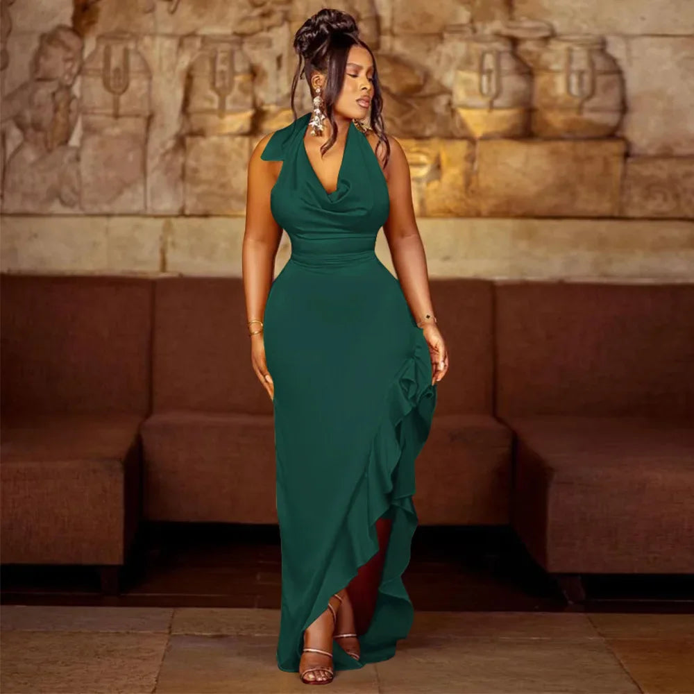 2024 Autumn Dresses For Women Satin Halter Cowl Neck Ruffles Slit Backless Party Dress Vestidos De Mujer Casual Maxi Robe Female