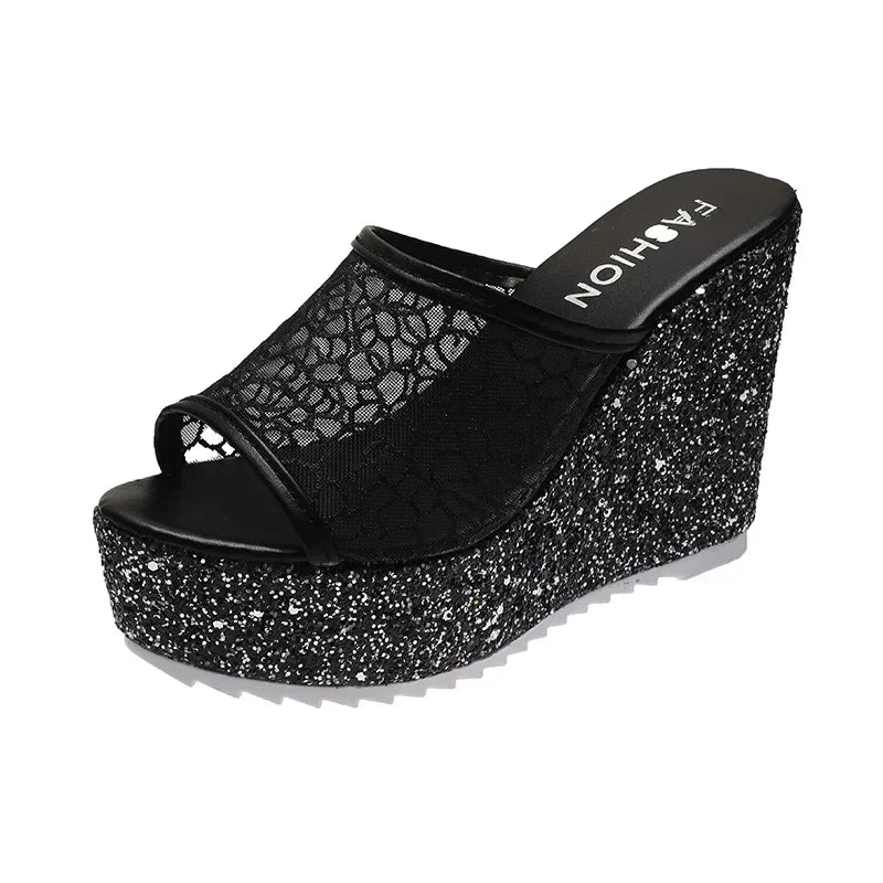 2023 Bling Golden Women Slippers Summer Shoes Platform(4cm) Outside Fitting-room 11cm High Heels Wedges Solid Mesh Female Slides