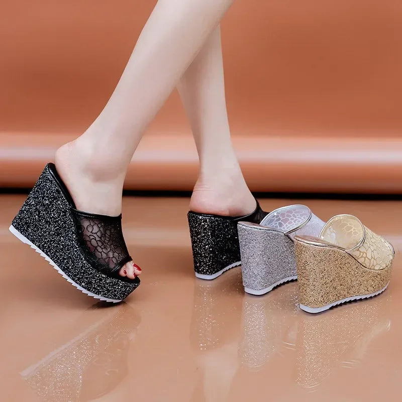 2023 Bling Golden Women Slippers Summer Shoes Platform(4cm) Outside Fitting-room 11cm High Heels Wedges Solid Mesh Female Slides