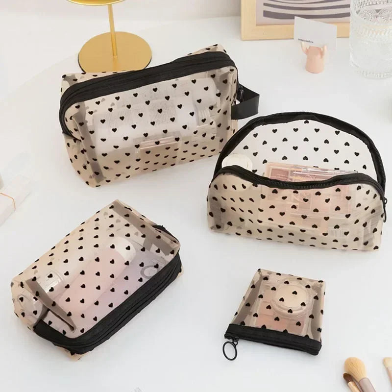 1PC Women Tavel Cosmetic Storage Pouch Heart Transparent Mesh Wash Makeup Bag Ladies Toiletry Bath Lipstick Brush Organizer Bags