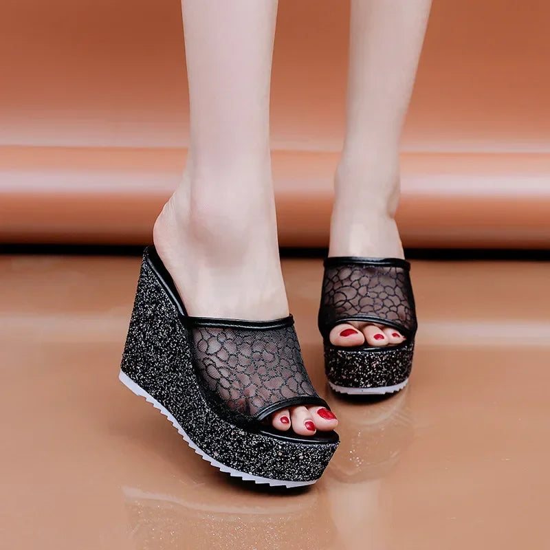 2023 Bling Golden Women Slippers Summer Shoes Platform(4cm) Outside Fitting-room 11cm High Heels Wedges Solid Mesh Female Slides