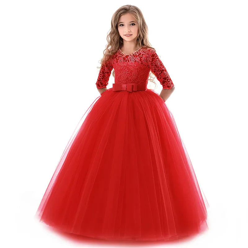 2023 Kids Ceremony Princess Party Dress For Girls Lace Formal Prom Gown Girl Wedding Bridesmaid Dresses Children Christmas Dress