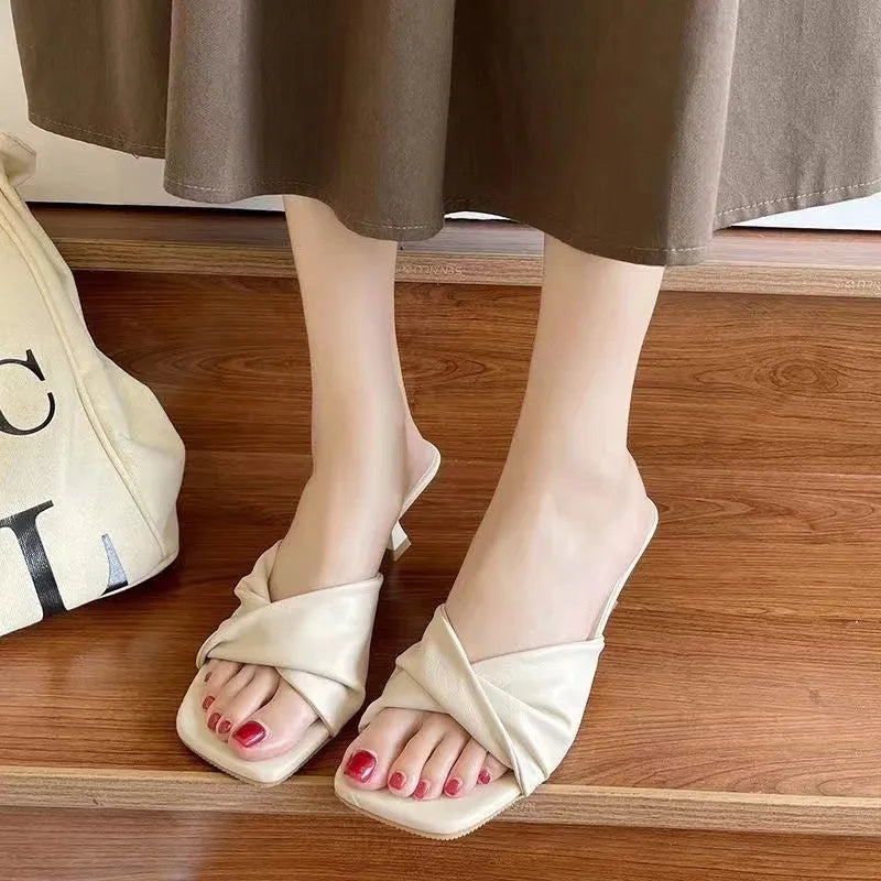 2023 Summer Fashion Simple Ladies Slippers Dew Feet High Heels Solid Color Comfortable Casual SlippersFashion Slippers