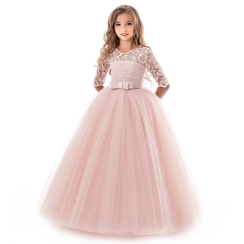 2023 Kids Ceremony Princess Party Dress For Girls Lace Formal Prom Gown Girl Wedding Bridesmaid Dresses Children Christmas Dress