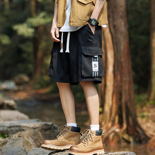 2024 New Summer Men's Cargo Shorts Multi-Pockets Wide Leg Baggy Short Pants Thin Korean Fashion Nylon Casual Side Striped Shorts