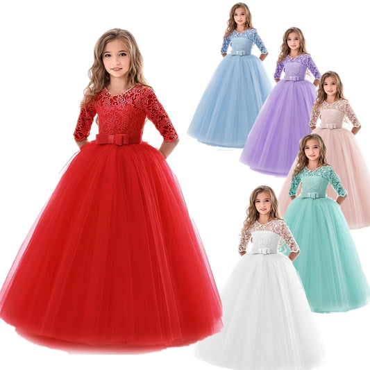 2023 Kids Ceremony Princess Party Dress For Girls Lace Formal Prom Gown Girl Wedding Bridesmaid Dresses Children Christmas Dress