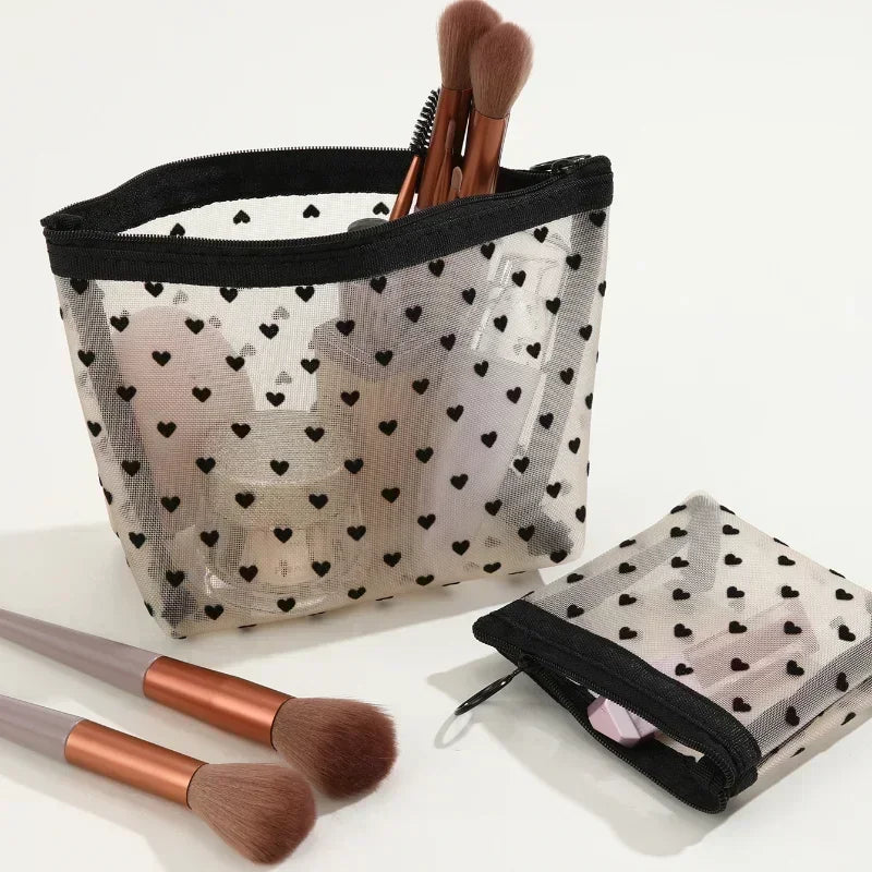 1PC Women Tavel Cosmetic Storage Pouch Heart Transparent Mesh Wash Makeup Bag Ladies Toiletry Bath Lipstick Brush Organizer Bags